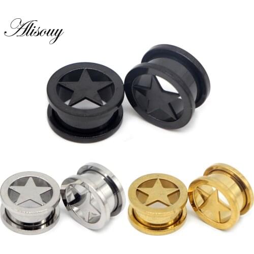 Alisouy 2pc 6-25mm Stainless steel Anodized Screw On Hollow Star Tunnels Ear Plugs Earlets Expander Gauges Body Piercing Jewelry