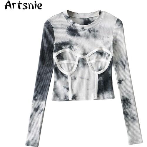 Artsnie Streetwear Tie Dye Sweater Tops Women Autumn 2021 O Neck Long Sleeve Crop T Shirt Gray Casual Ladies Cropped Top T-shirt