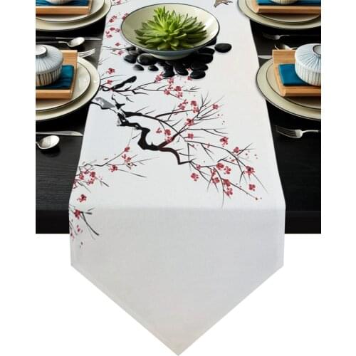 Plum Blossom Branch Bird Ink Style Table Runner Wedding Decoration Christmas Dinner Table Decor Table Runners and Placemats