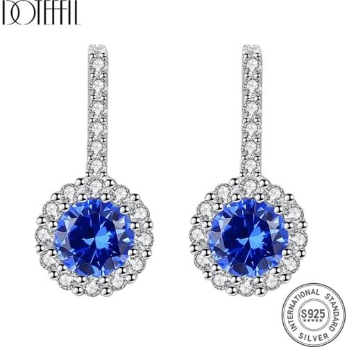 DOTEFFIL Hot Sale 925 Silver Round Sapphire Brilliant Stud Earrings for Women Elegant 3 Colors Birthstone Engagement Earrings