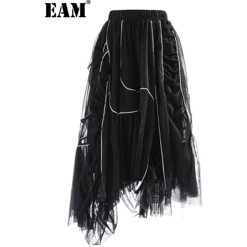 [EAM] High Elastic Waist Black Drawstring Irregular Mesh Half-body Skirt Women Fashion Tide New Spring Autumn 2021 1DD9246