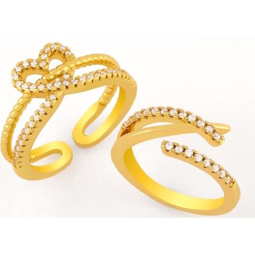 FLOLA Gold Double Layer Love Heart Rings For Women White Stone Adjustable Open Cuff Finger Ring CZ Simple Jewelry Gifts rigj83