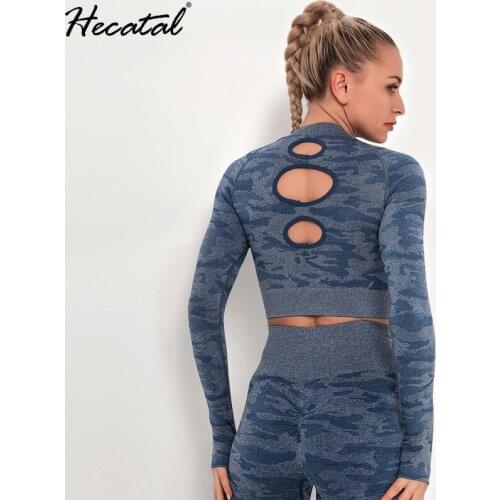 Hecatal Camouflage Seamless Yoga Crop Top Women Long-sleeved Hollow Tight-fitting Quick-drying Yoga Top Women Ropa Deportiva