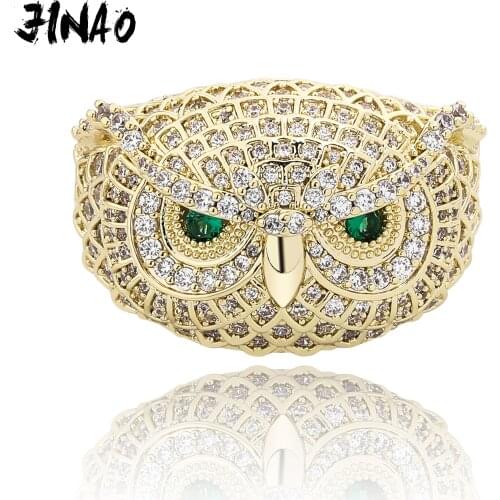 JINAO Hip Hop Micro Paved Green eyed Owl Gold Silver Color Bling Iced Out Cubic Zircon Ring Luxury Jewelry Gift