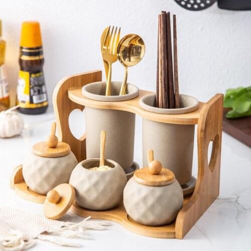 Creative ceramic seasoning set restaurant household kitchen holds double bamboo chopsticks knife fork barrel seasoning can
