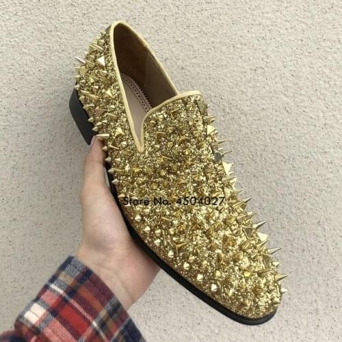 Spiked Blue Gold Rivet Flat Loafers Concise Pointed Toe Bling Sequins Male Wedding Dress Shoes Men Shoes