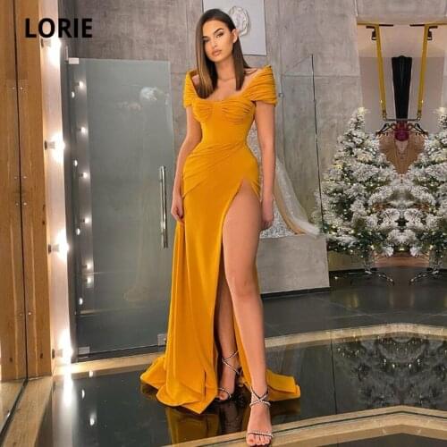 LORIE Gold Arabic Evening Dresses Pleats High Side Split Sweetheart Dubai Prom Gown Formal Long Party Celebrity Dress