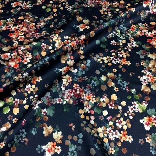 Small floral printing navy blue bottom stretch digital printing fabric natural mulberry silk high fashion textile fabric