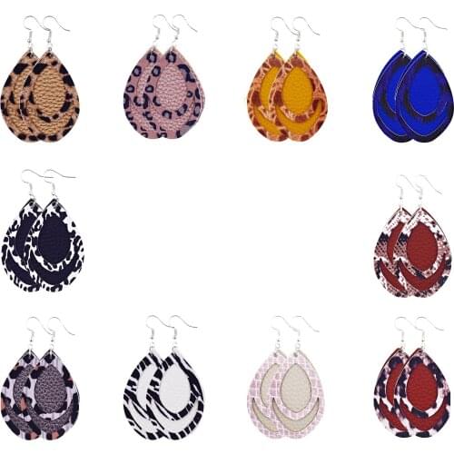 Layered Hollow Leopard Printed Leather Teardrop Earrings Tirple Animal Print Large Leaf Earrings Satement серьги сережки