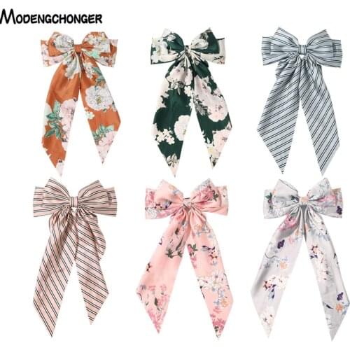 Fashion Flower Stripe Bowknot Ribbon Hairpin For Woman Girls Simple Satin Spring Clip Hair Ornament Headwear Hair Accessories