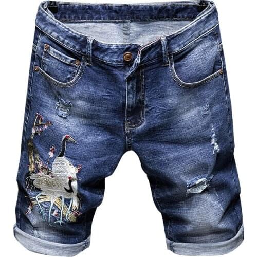 New Mens male fashion casual crane embroidered ripped shorts Summer slim straight holes distressed stretch denim jeans
