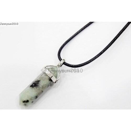 Natural Lotus Jas-per Gems Stone Hexagonal Pointed Healing Reiki Chakra Pendant Black Leather Cord Necklace 18''lnch 5 Sets/Pack