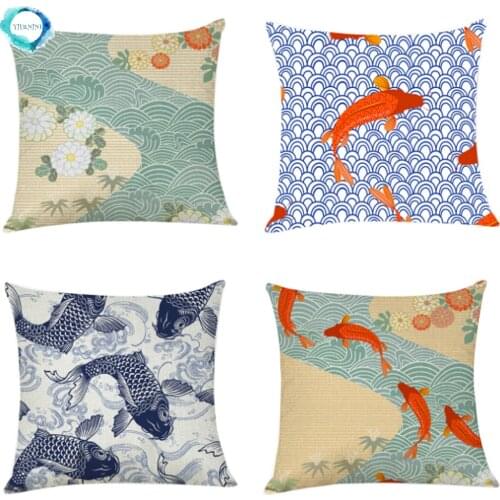 Japanese Style Cotton Linen Cushion Cover For Sofa Fish Series Pillow Cover Home Decorative 45X45Cm Fundas De Cojin