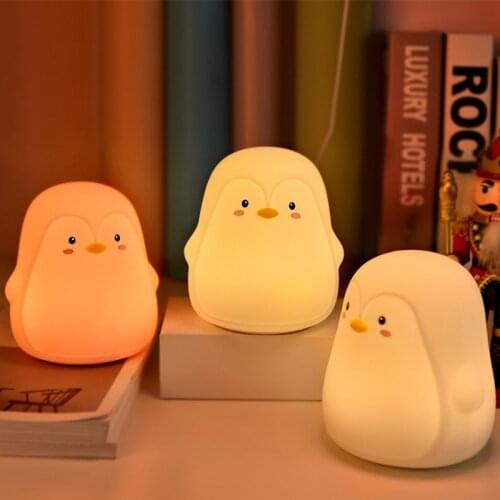 Cartoon Animal Silicone Penguin Night Light with Pat Switch USB Charging Atmosphere Colorful LED Light Kids Room Baby Feeding