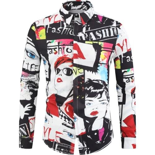New Spring Autumn Mens Hand Painted Printing Interesting Stylish Long Sleeve Casual Shirt Male Party Perform Slim Shirt