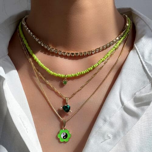 Trendy Cute Green Crystal Heart Seed Beads Choker Necklace For Women Layer Glazed Flower Metal Rope Chain Necklaces Beach Jewely
