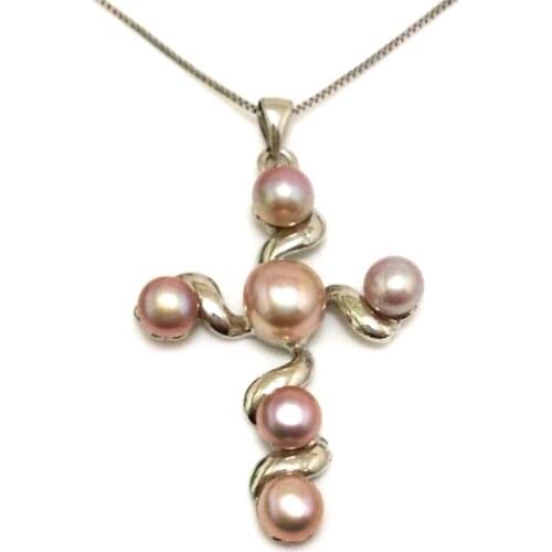18 inches 30x40mm Natural Lavender Natural Button Pearl 925 Sterling Silver Cross Pendent Necklace