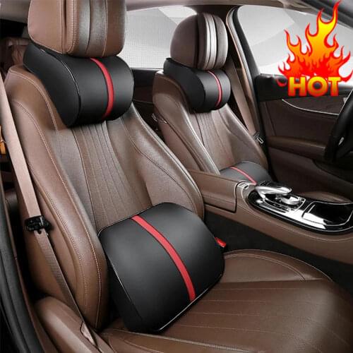 PU Leather Car Neck Pillow Set Memory Foam Auto Rear Seat Back Headrest Lumbar Supports Travel Cushion Cover Accessories for Car