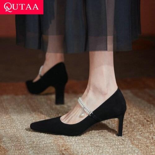 QUTAA 2021 Cow Leather Women Shoes Pointed Toe Vintage Style Female Pumps String Bead Buckle Square High Heels Size 34-43