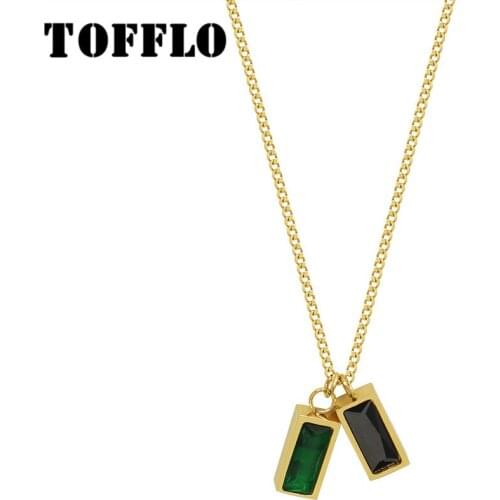 TOFFLO Stainless Steel Jewelry Green Black Zircon Double Pendant Necklace Womens Elegant Clavicle Chain BSP263