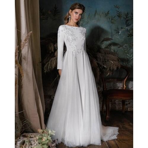 Vestidos De Novia Long Sleeve Wedding Dress Beading Appliques Robes De Mariage Simple Hochzeitskleid Zipper Back Trouwjurk