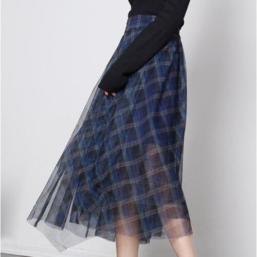 Fashion Elegant Temperament Blue Mesh Plaid Skirt 2021 New High Waist A-line Women Skirts Fresh All-match Office Lady Jupe
