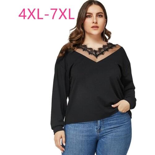 2021 Female New Spring Autumn Plus Size Tops For Women Large Long Sleeve Loose Casual Lace Black V Neck T-shirt 4XL 5XL 6XL 7XL