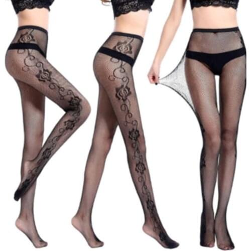 Women Sexy black Stockings flower rose pattern Fishnet Tights Transparent Pantyhose Thigh High hot sexy Embroidery Stockings