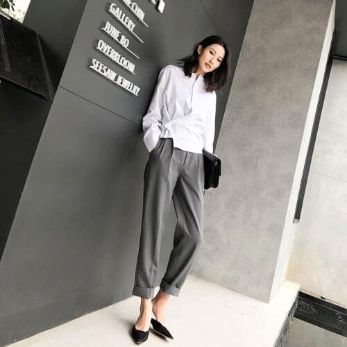 Women Work Casual Suit Pants 2019 Autumn Fashion High Waist Grey Straight Office Ladies Suit Loose Chic Pants Female Trousers
