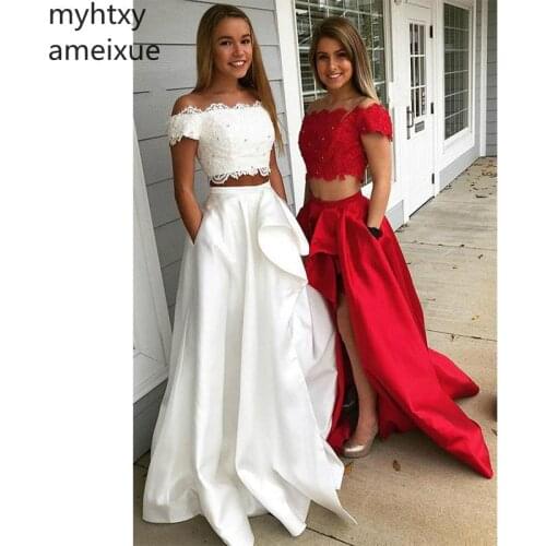 Elegant Sexy Long Evening Dress Satin Lace 2 Pieces White Prom Dress Beaded Fashion Two Pieces Evening Gowns Vestido De Noite