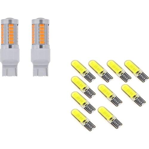 10Pcs T10 W5W COB LED Car Auto Interior Bulb & 2X 7443, T20 LED Bulbs Amber Yellow 900 Lumens Turn Signals Light