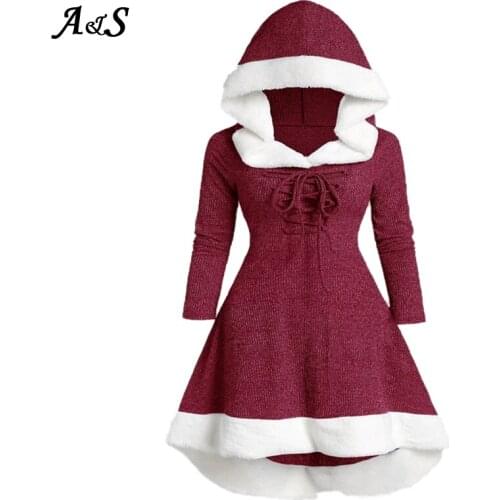 Anbenser Womens Lolita Dress Winter Lace Up Christmas Dress Female Vintage Long Sleeve Velvet Hooded Dress Mujer Plus Size S-5XL