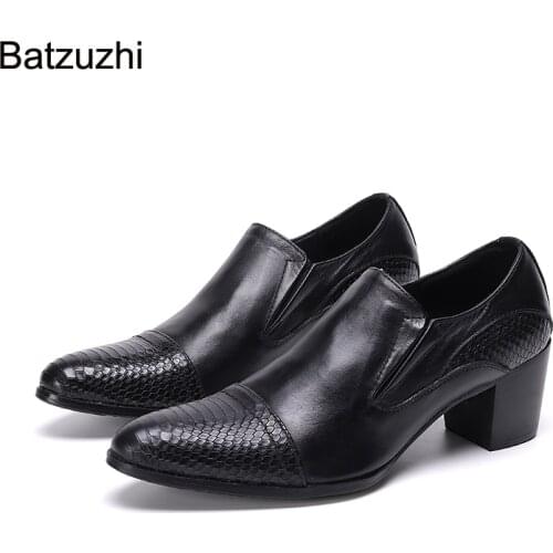 Batzuzhi Japanese Style Men Shoes Pointed Toe Black Genuine Leather Dress Shoes Men 7cm High Heel Business, Party Shoes, EU38-46