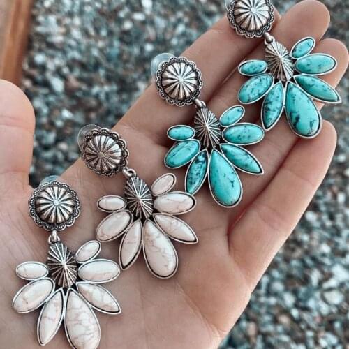 Turquoise White Buffalo Floral Earring, Western, Country, Southern, Cowboy, Cowgirl, Gift, Womens Summer Boho Style JL30F