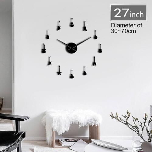 DIY Large Quiet Sweep Wall Clock Guitar Variety Rock N Roll Musical Instrument Frameless Giant Wall Watch 3D Mirror Wall Sticker