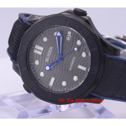 Bliger 41mm Automatic Mechanical Mens Watch Luxury Brand Rubber Strap Luminous Waterproof Military Calendar Clock Wristwatch Men