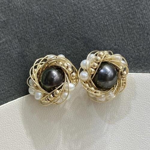 ECHSUN14K Gold Covered Jewelry Natural Tahitian Black Pearl Natural Pearl Earrings Jewelry Handmade big Earrings for women