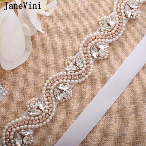 JaneVini Elegant Pearl Bridal Belt Wedding Rhinestone Ribbon Belt for Dress Belt Women Sashes Summer Wedding Party Accessories