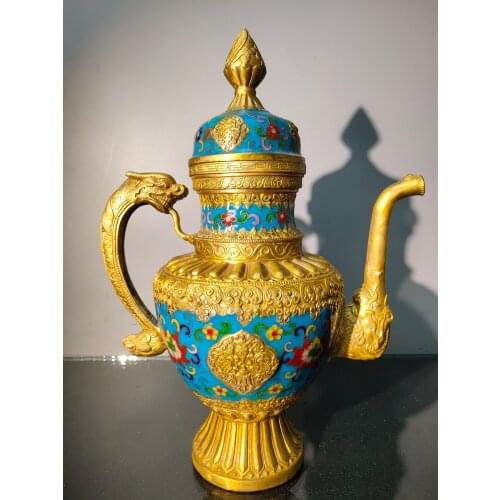 15"Chinese temple collection Old Bronze Cloisonne Enamel Dragon statue Handle Big Tibetan Pot Ornaments kettle teapot Town House