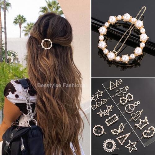 Fashion Pearl Hair Clip Women Girls Elegant Design Triangular Star Round Hairpin Barrette Hair Pins Ponytail Hair Accessories