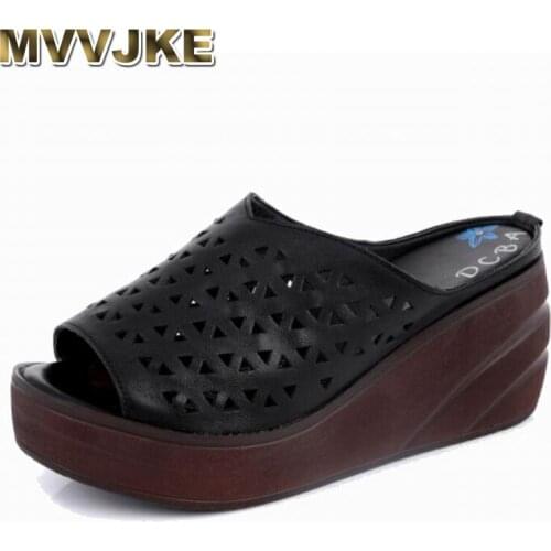 MVVJKE summer wedge slippers hollow platform high heels women shoes ladies outside basic genuine leather slippers sandals