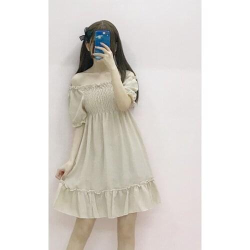 2018 Mori girl summer new womens Korean high waist was thin Slash neck Ruffles loose short-sleeved student sweet dress