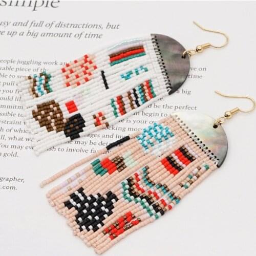 Miyuki Rice Beads Weaving Creative Retro Geometric Patterns Contrast Color Bohemian Ethnic Style Tassel Earrings Female Earring