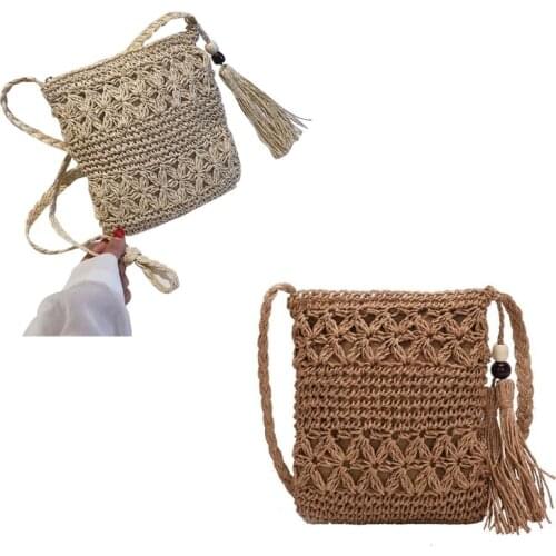 D0LF Beach Woven Straw Shoulder Bag with Tassel Boho Hollow Crochet Crossbody Handbag