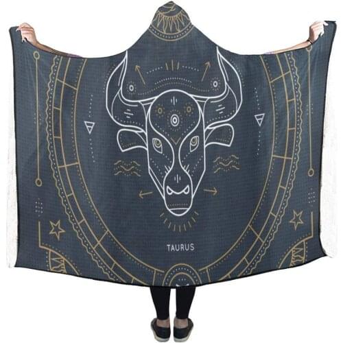 Portable Wearable Fluffy Custom Hooded Blanket Taurus Zodiac Pilling Polar Fleece Hooded Throw WrapBed Blanket