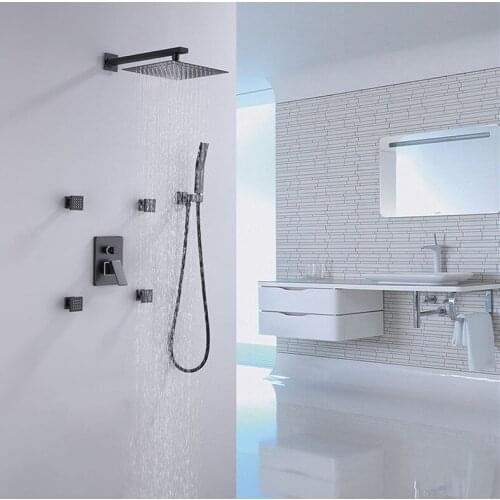 Luxury wall mounted Black Shower Set w/ 12" Square Rain Shower, Handheld and 4 Body Jets
