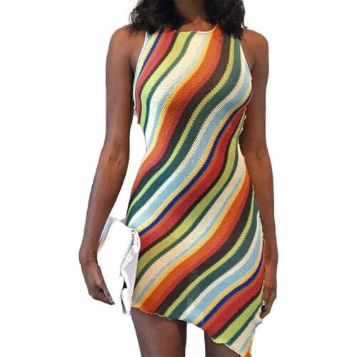 Women Summer Jumper Skirt, Multicolor Stripe O-Neck Sleeveless Sundress with Cropped Hem for Girls