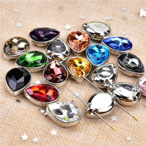 High Quality 10*14mm Water Drop Crystal Sew On Rhinestone Clawless Glass Diamond Metal Base Diy Wedding Dress Jewelry Accessory