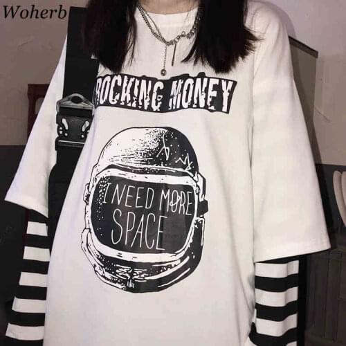 Woherb Oversized Long Sleeve T Shirt Women Harajuku Fake 2 Piece Striped Casual Top Letter Print Loose T-shirts Streetwear Femme