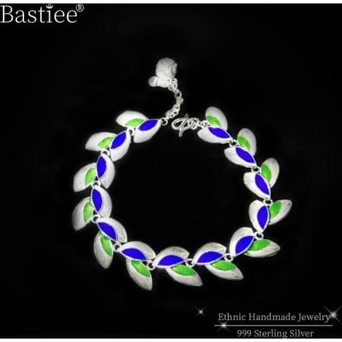 Olive Leaf 999 Sterling Silver Bracelets For Women Cloisonne Enamel Bracelet Femme Luxury Jewelry Green Blue Handmade Ethnic